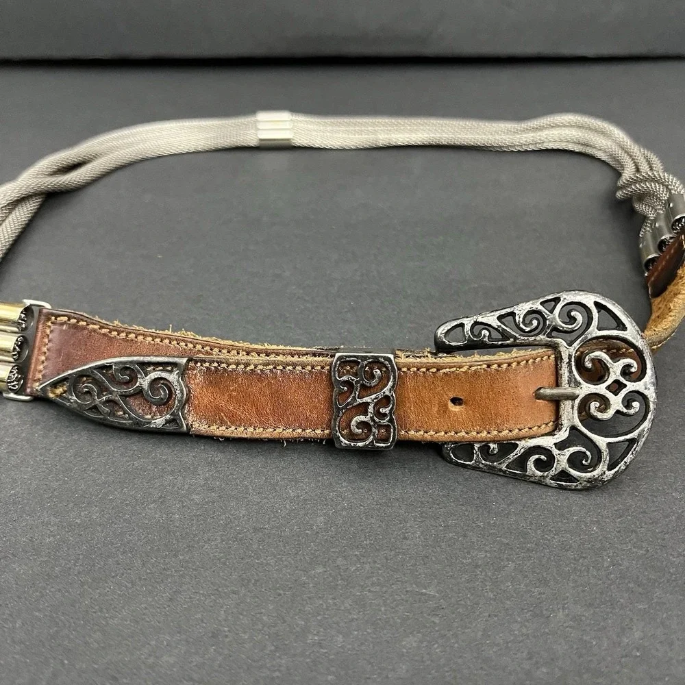 Vtg‎ Women Mixed Media Belt L Filigree Buckle Leather Multi-Strand Mesh Metal